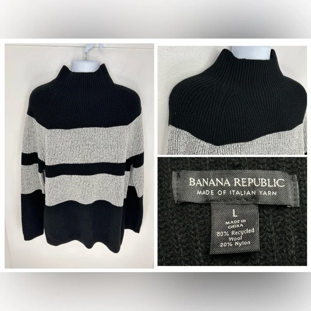 Banana Republic Italian Merino‎ Blend Chest Stripe Sweater Size Large Black Gray